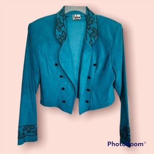 Vintage R.J. and Co. Embroidered Teal Cropped Jacket 1980s